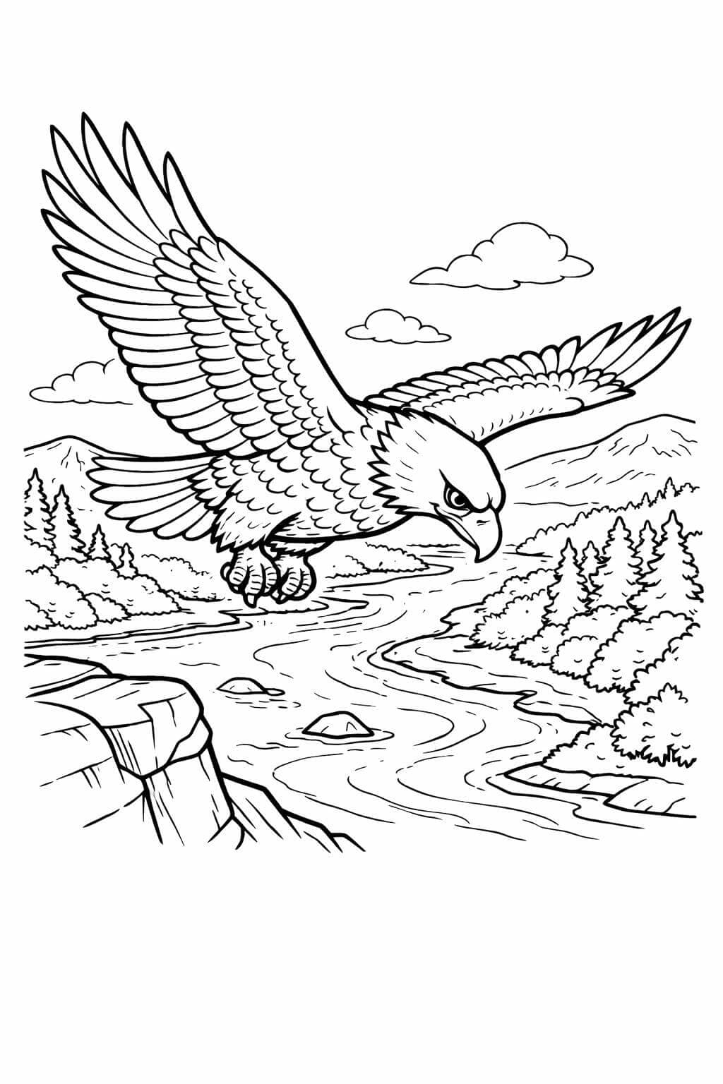 Adler fliegt über Fluss Ausmalbild