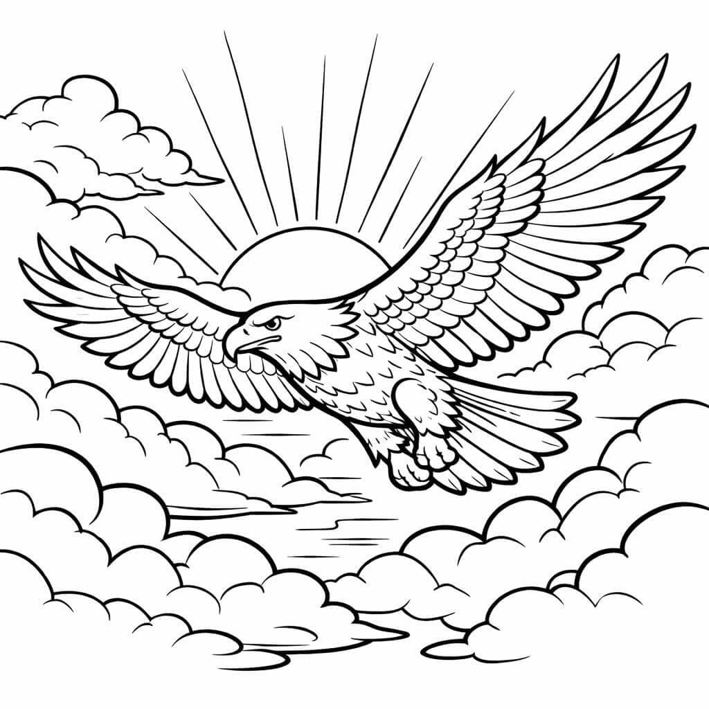 Adler fliegt zwischen Wolken Ausmalbild