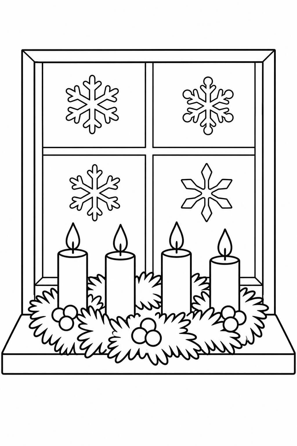 Adventskranz am winterlichen Fenster – einfache Malvorlage für Kinder