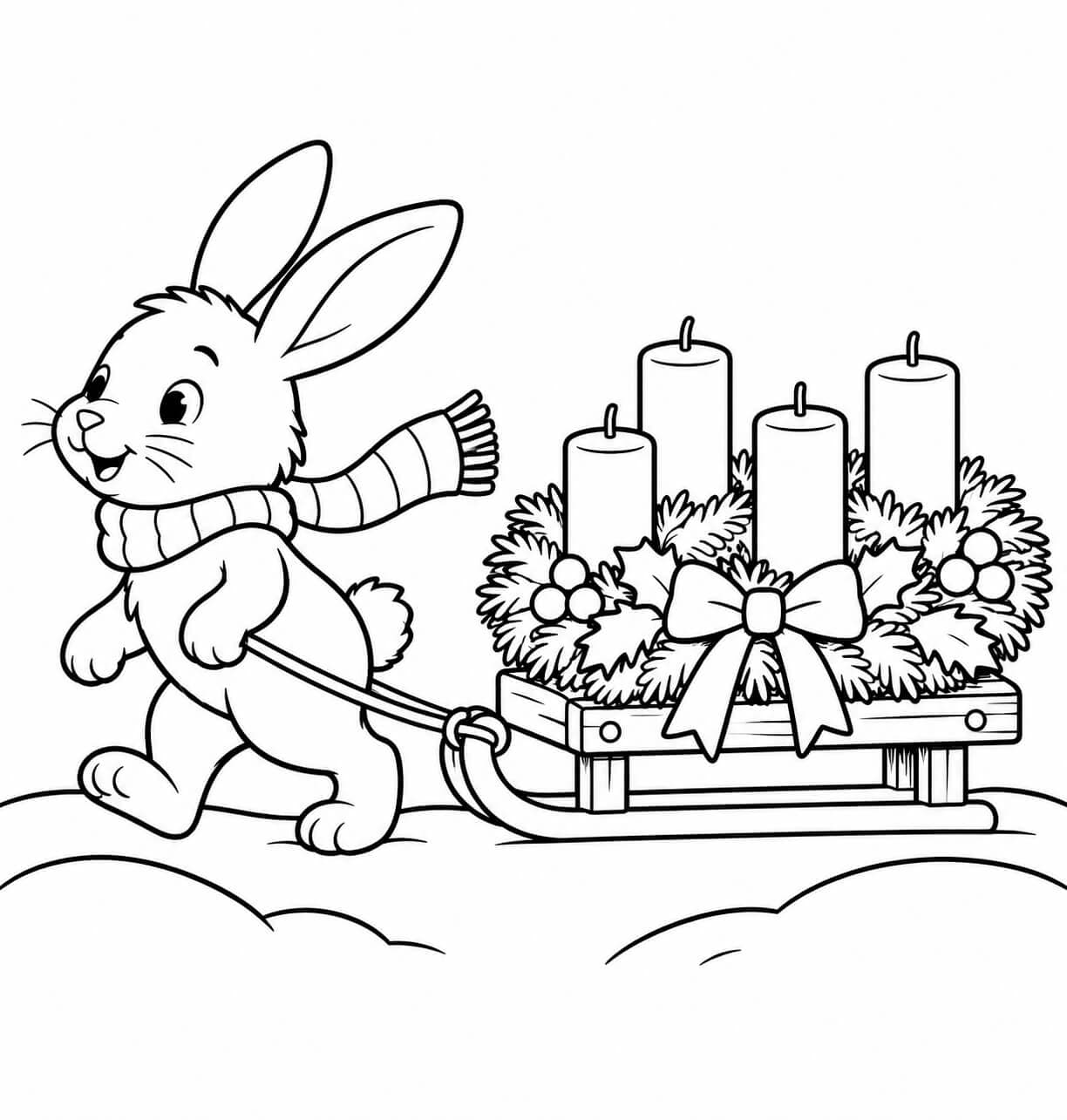 Ein Adventskranz fährt Schlitten – einfache Malvorlage für Kinder