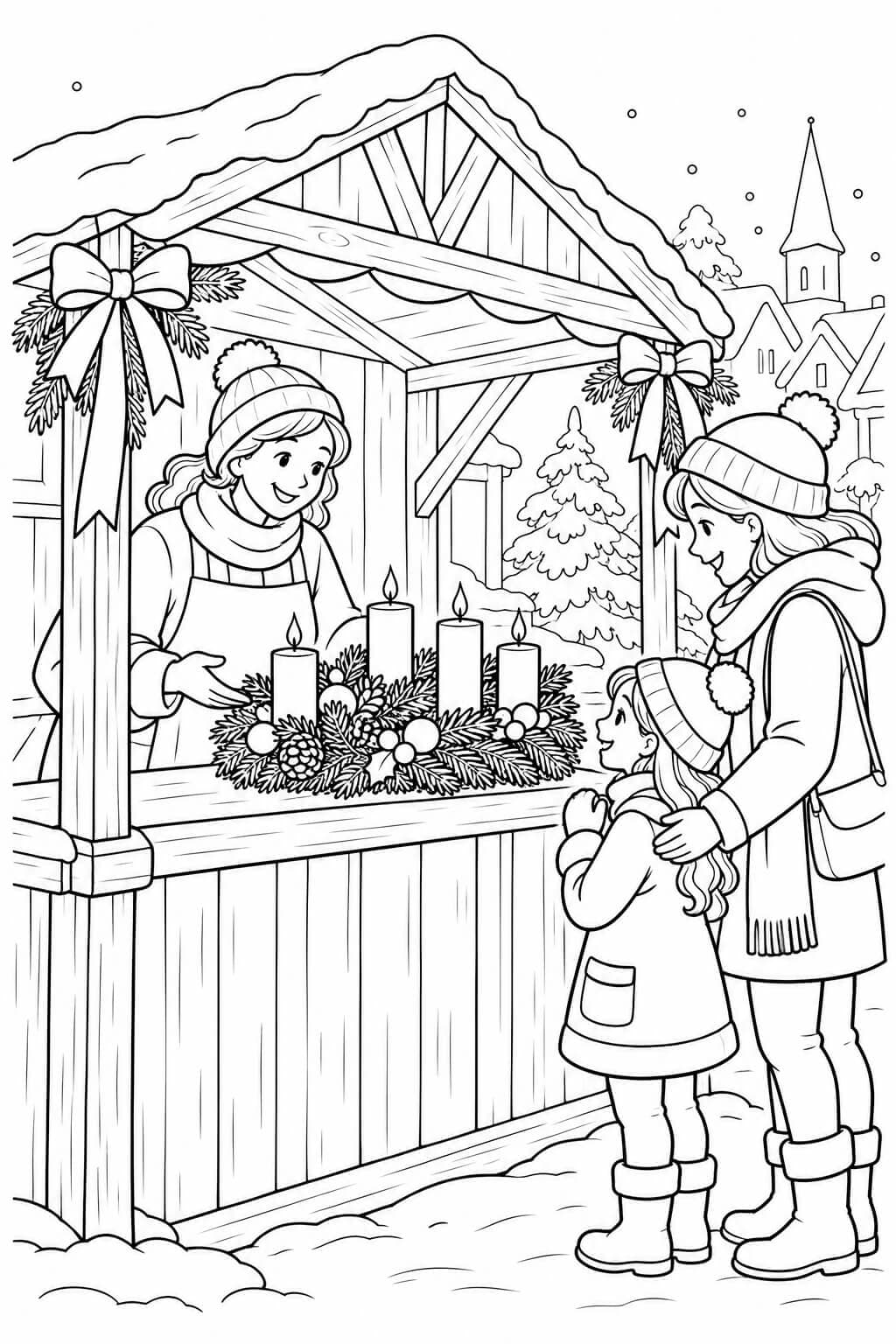 Adventskranz auf dem Weihnachtsmarkt – Malvorlage in Schwarz-Weiß