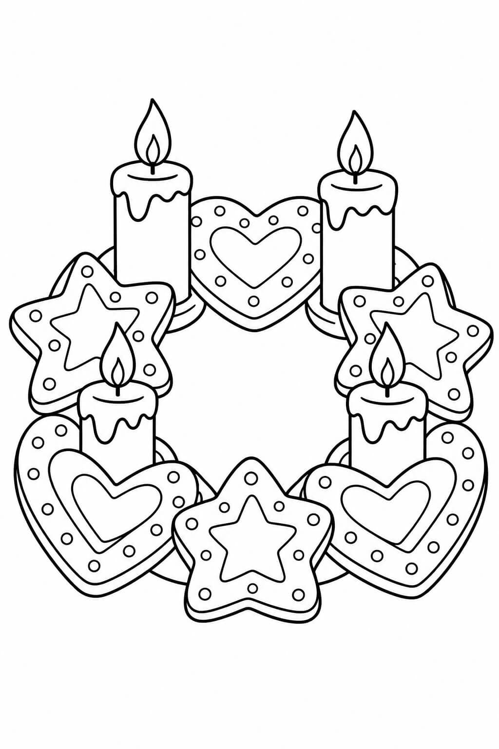 Ein Adventskranz aus Lebkuchen – einfache Malvorlage für Kinder