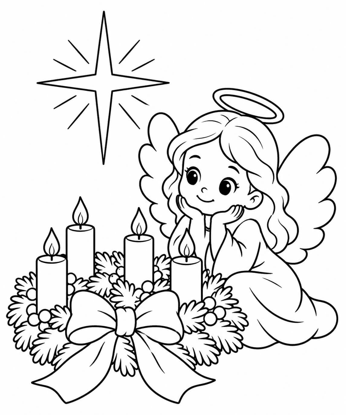 Ein kleiner Engel beim Adventskranz – einfache Malvorlage für Kinder