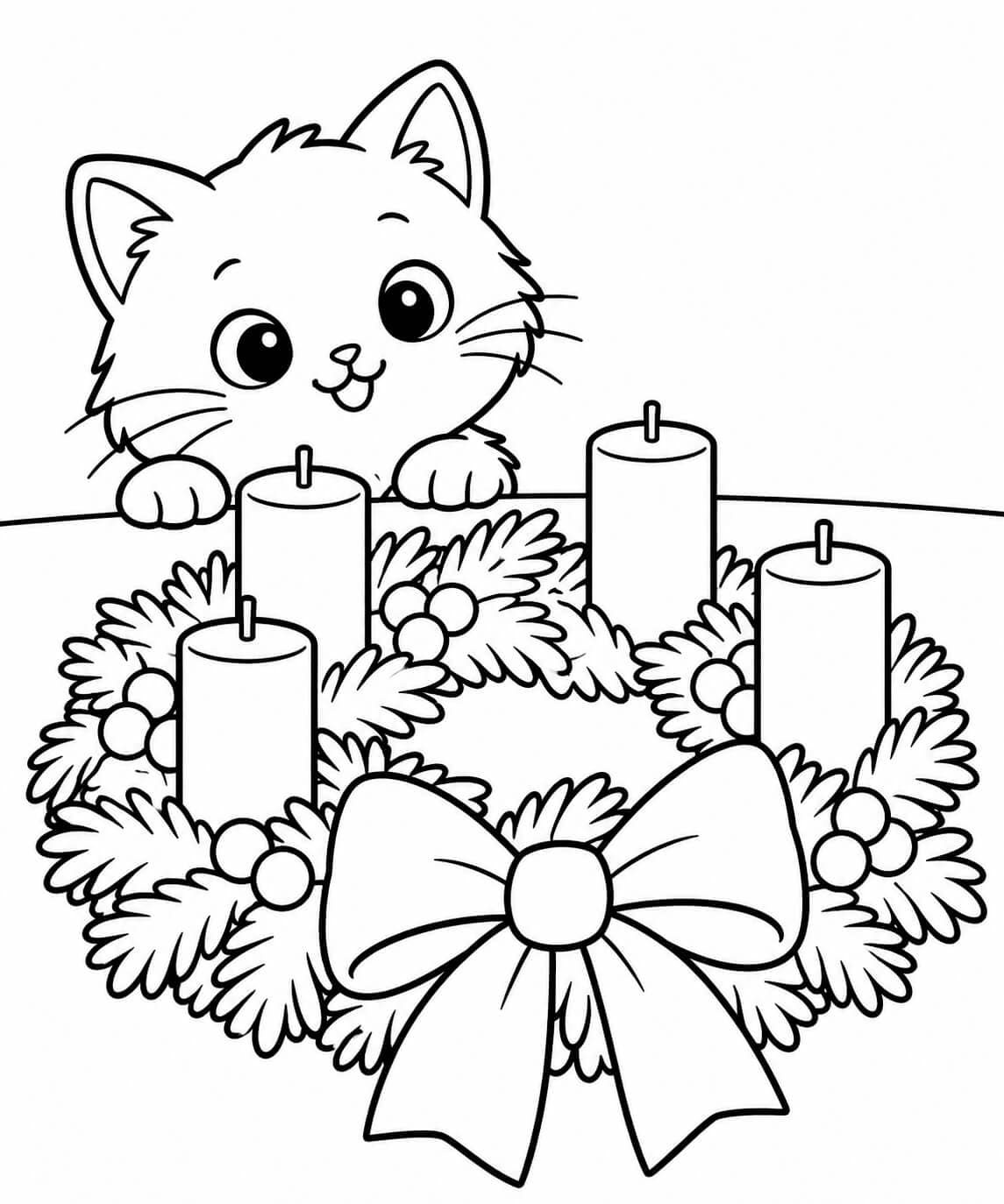 Eine neugierige Katze am Adventskranz – einfache Malvorlage für Kinder