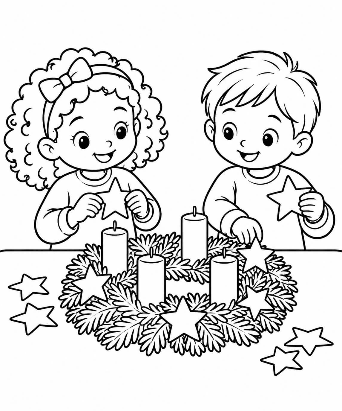 Kinder basteln einen Adventskranz – einfache Malvorlage für Kinder