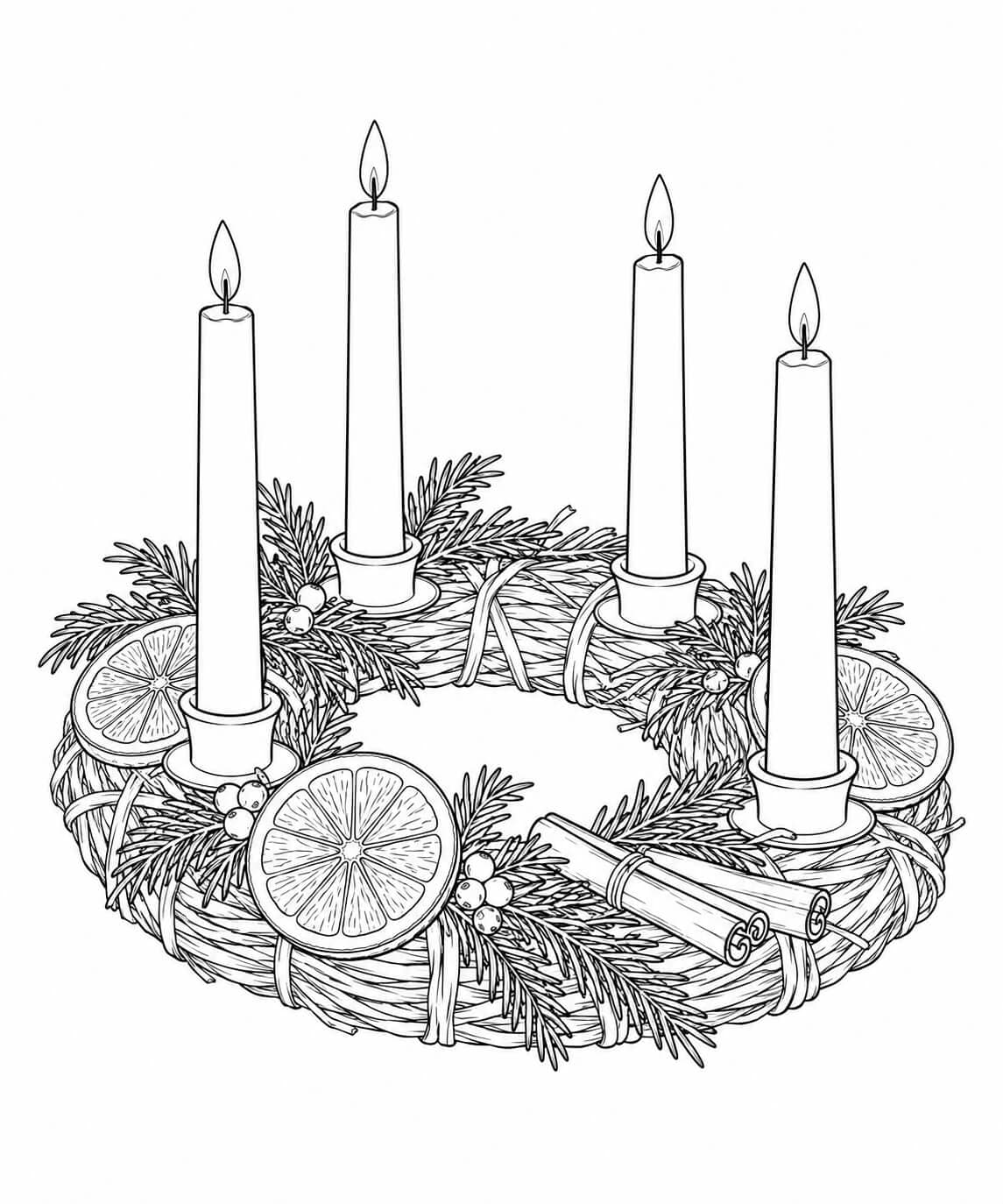 Realistischer Adventskranz mit Orangenscheiben – Malvorlage in Schwarz-Weiß