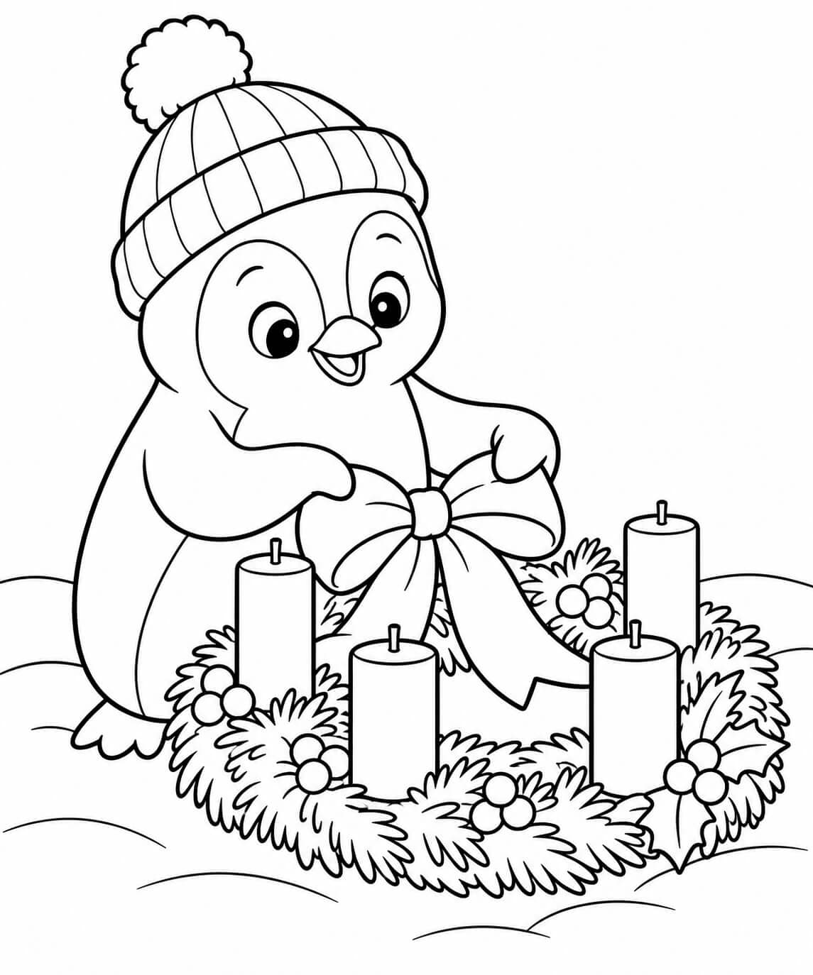 Ein Pinguin schmückt den Kranz – einfache Malvorlage für Kinder