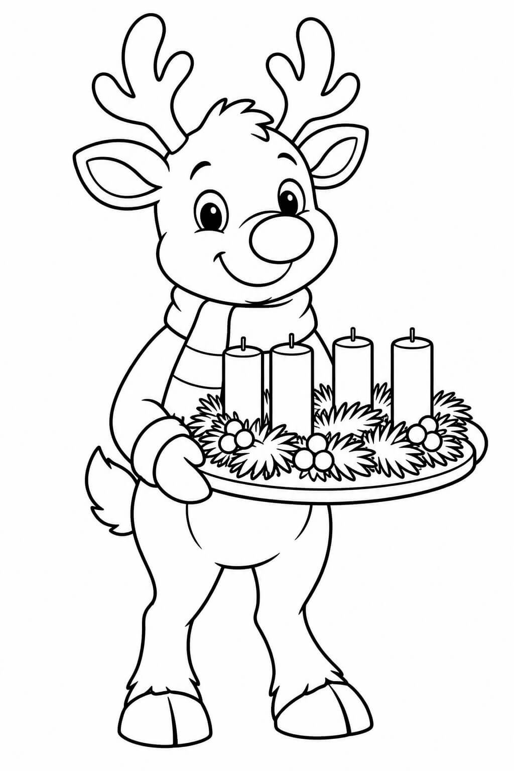 Ein Rentier bringt den Adventskranz – einfache Malvorlage für Kinder