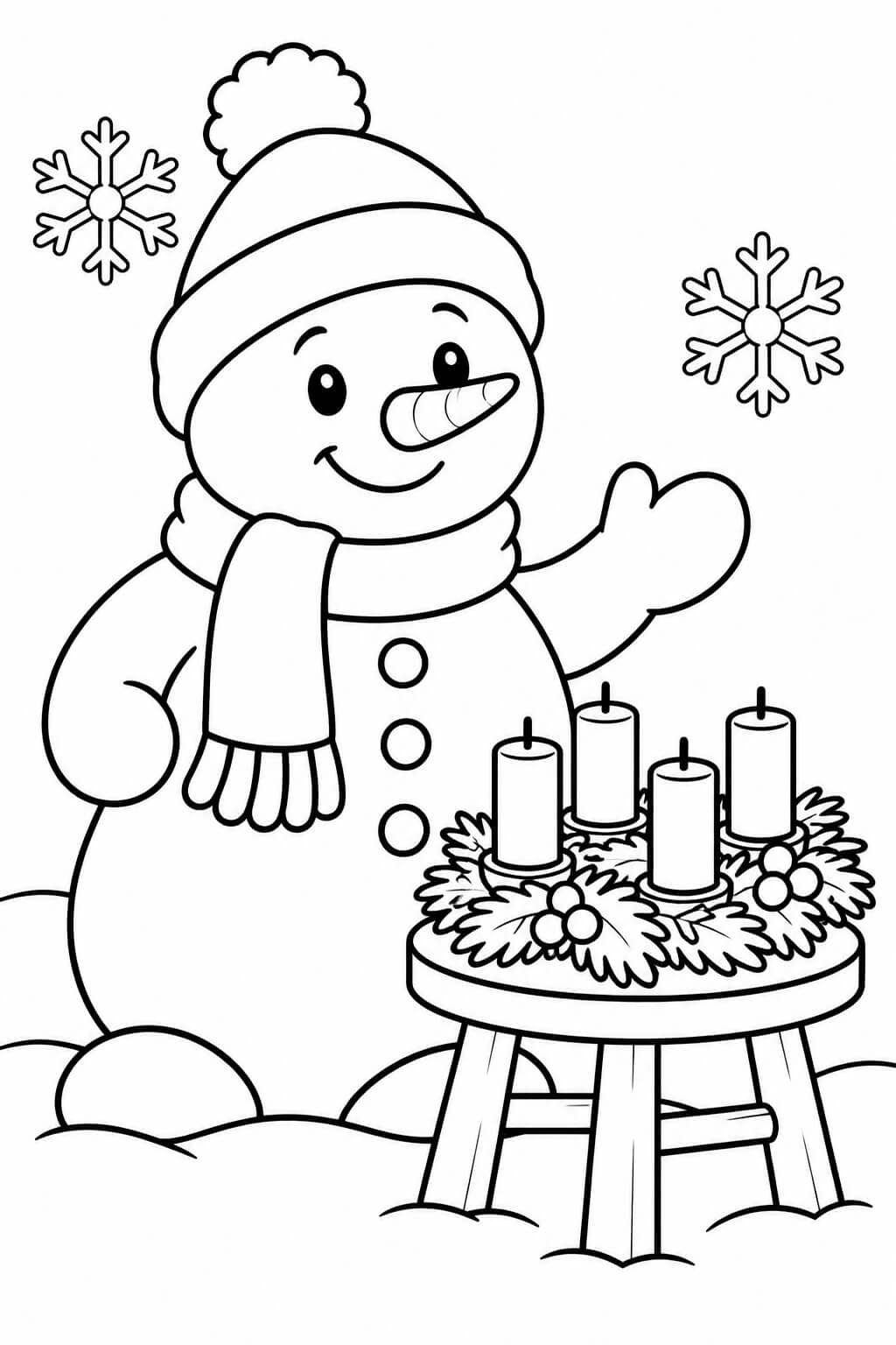 Ein Schneemann beim Adventskranz – einfache Malvorlage für Kinder