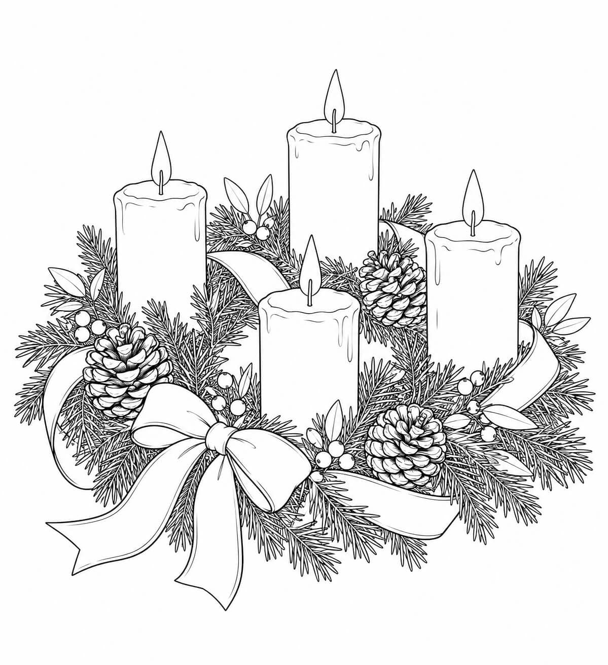 Realistischer Adventskranz mit Tannenzapfen – Malvorlage in Schwarz-Weiß
