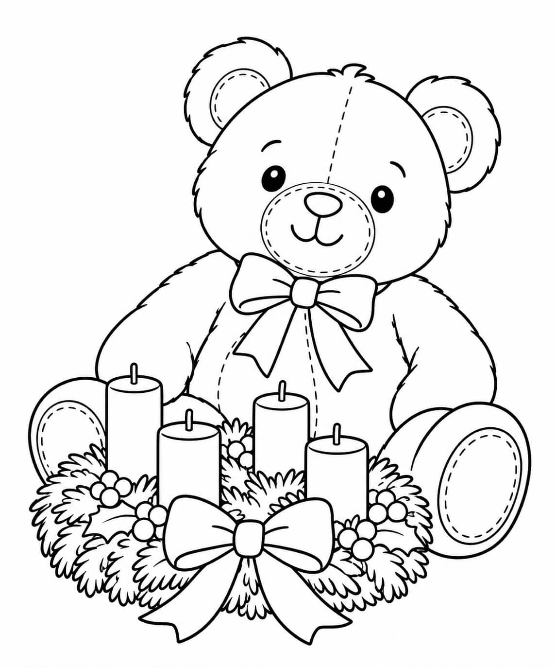 Ein Teddy und sein Adventskranz – einfache Malvorlage für Kinder
