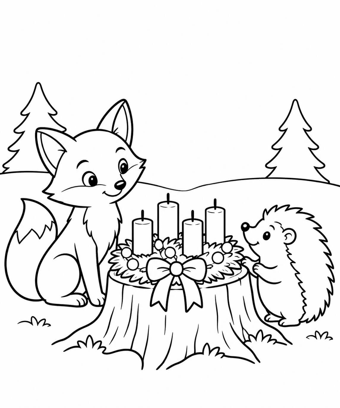 Waldtiere feiern Advent – einfache Malvorlage für Kinder