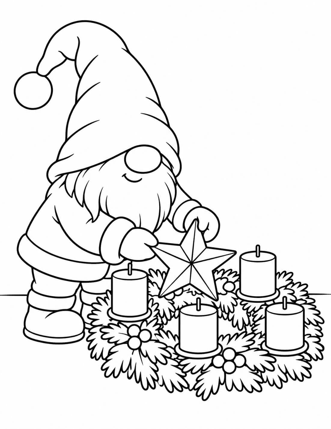 Ein Wichtel schmückt den Adventskranz – einfache Malvorlage für Kinder