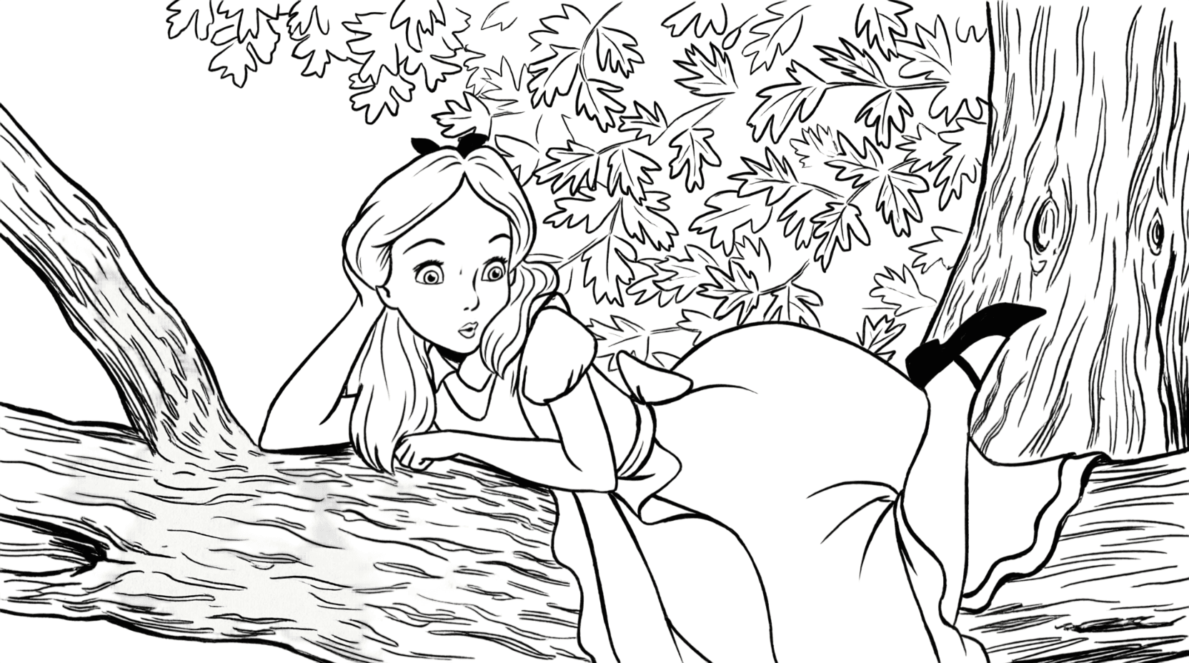 Alice auf Baum Ausmalbild