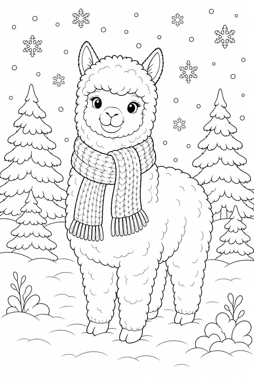 Alpaka im Winter Ausmalbild