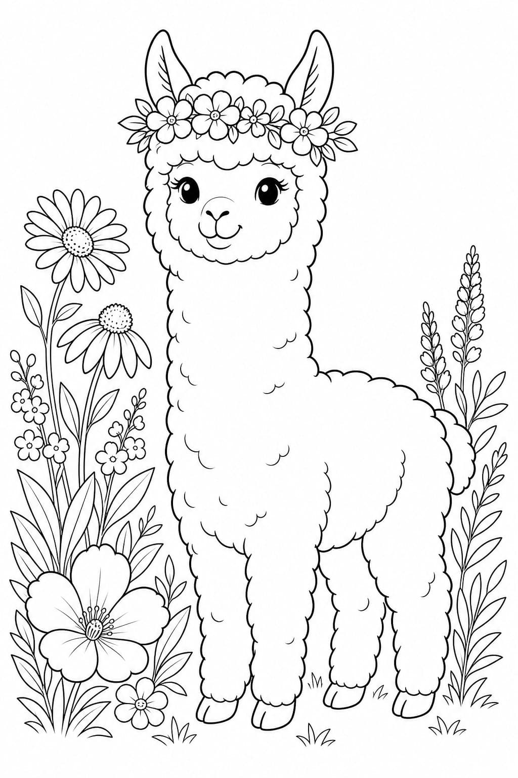 Alpaka mit Blumen Ausmalbild