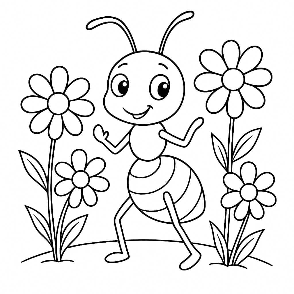 Ameise im Garten mit Blumen Ausmalbild