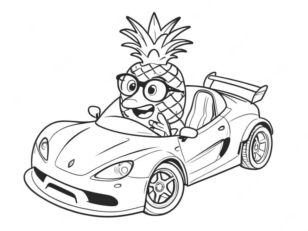 Lustiger Ananas im Rennwagen Ausmalbild