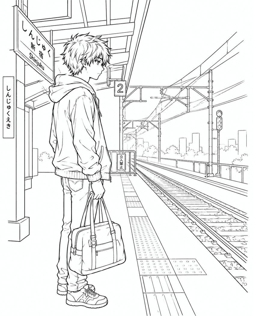 Anime Junge am Bahnhof Ausmalbild