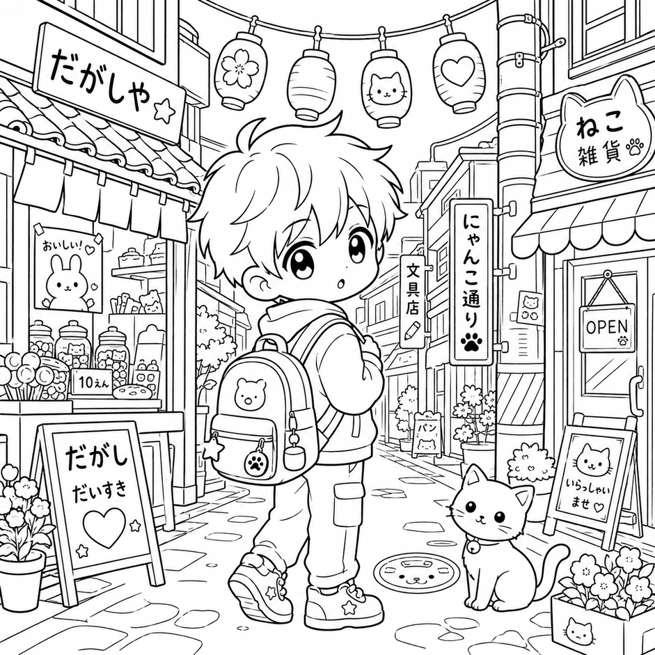 Anime Junge in japanischer Straße Ausmalbild