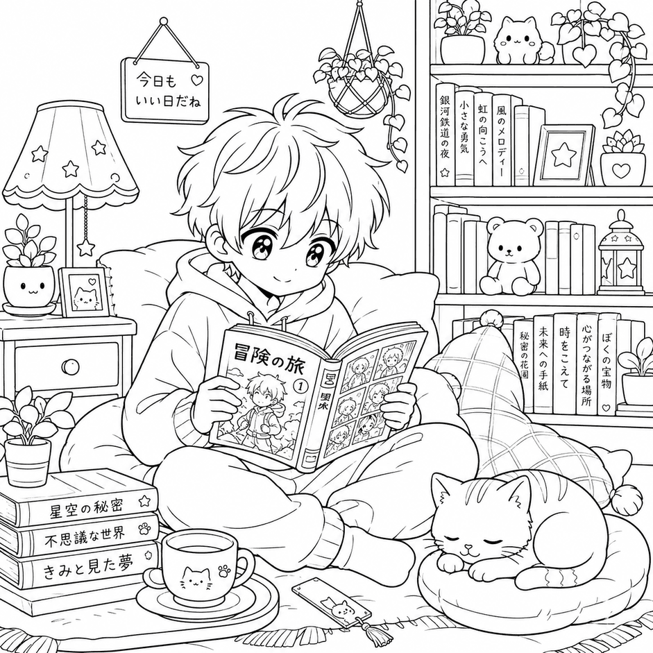 Anime Junge mit Buch Ausmalbild