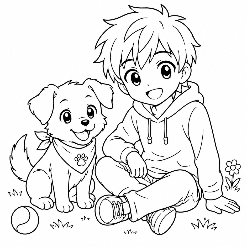 Anime Junge mit Hund Ausmalbild