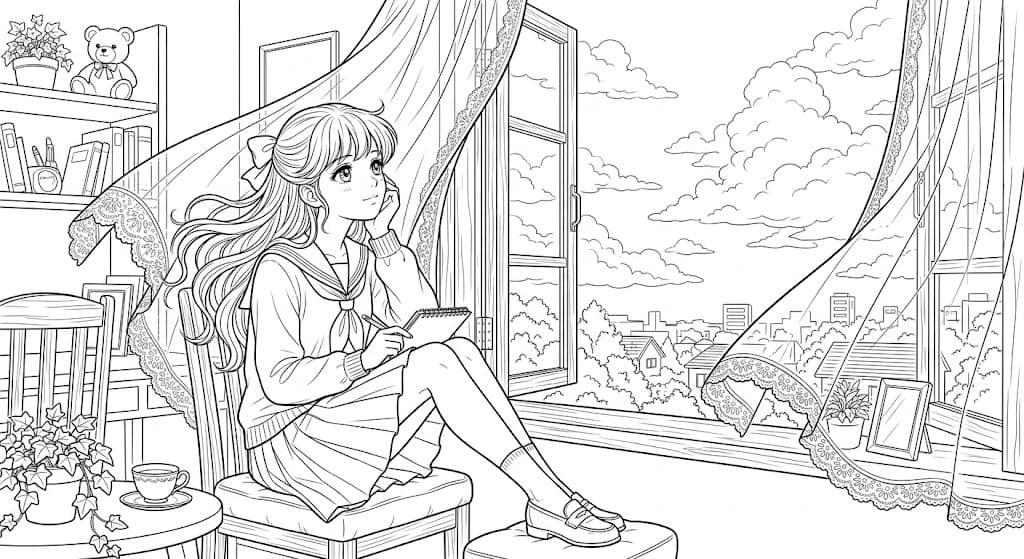 Anime Mädchen am Fenster Ausmalbild