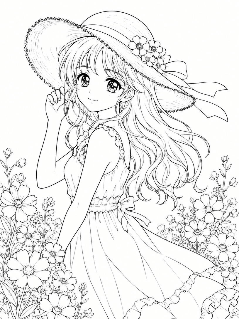 Anime Mädchen im Blumenfeld Ausmalbild