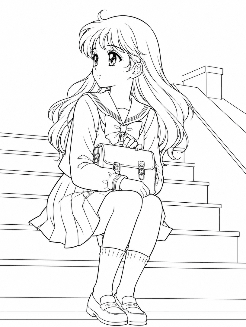 Anime Mädchen in der Schule Ausmalbild