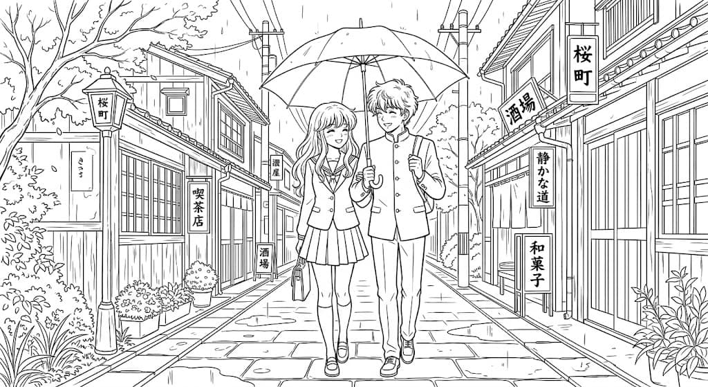 Anime Paar auf der Straße Ausmalbild