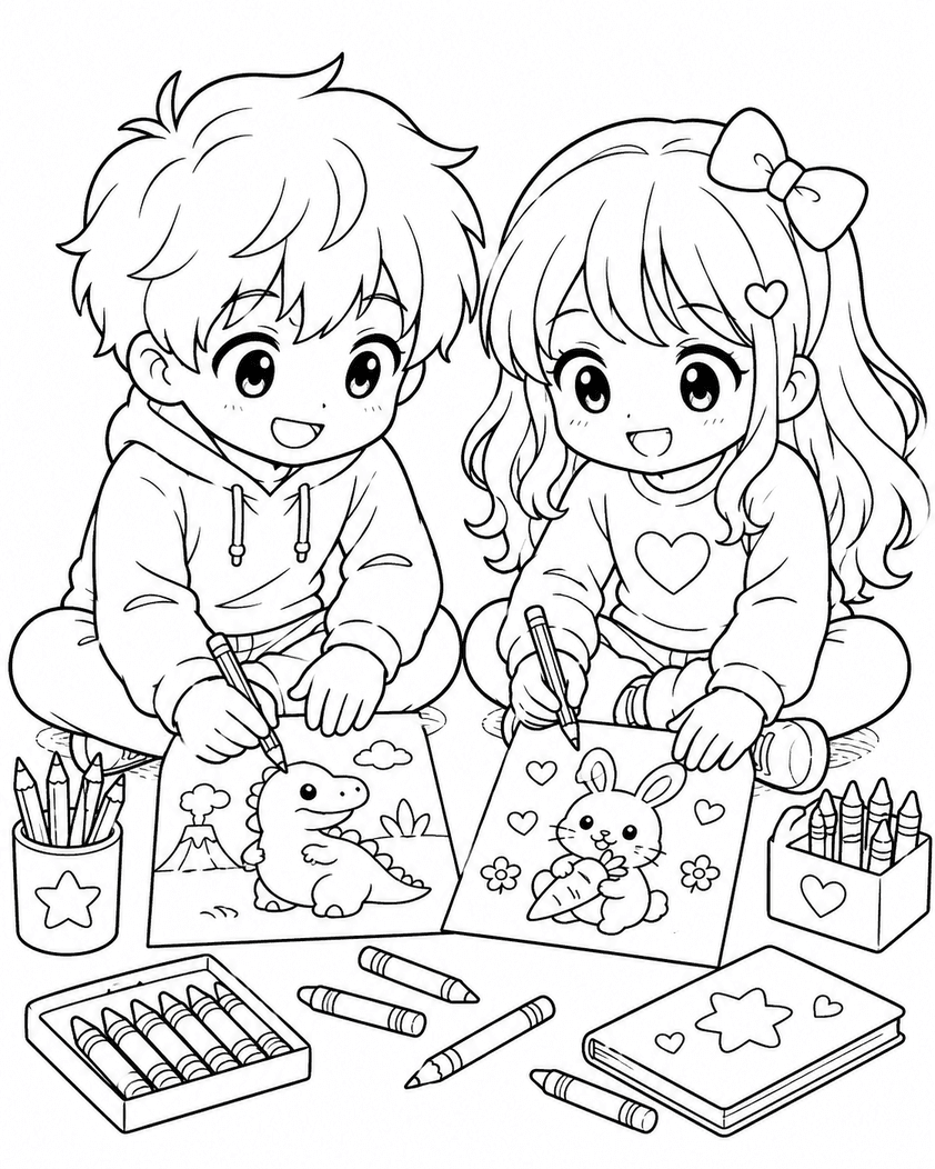 Kawaii Anime Kinder beim Zeichnen Ausmalbild