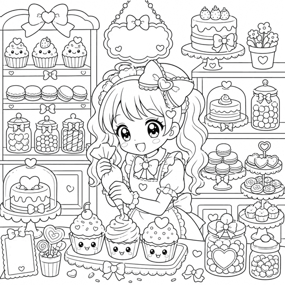 Kawaii Anime Mädchen in Konditorei Ausmalbild