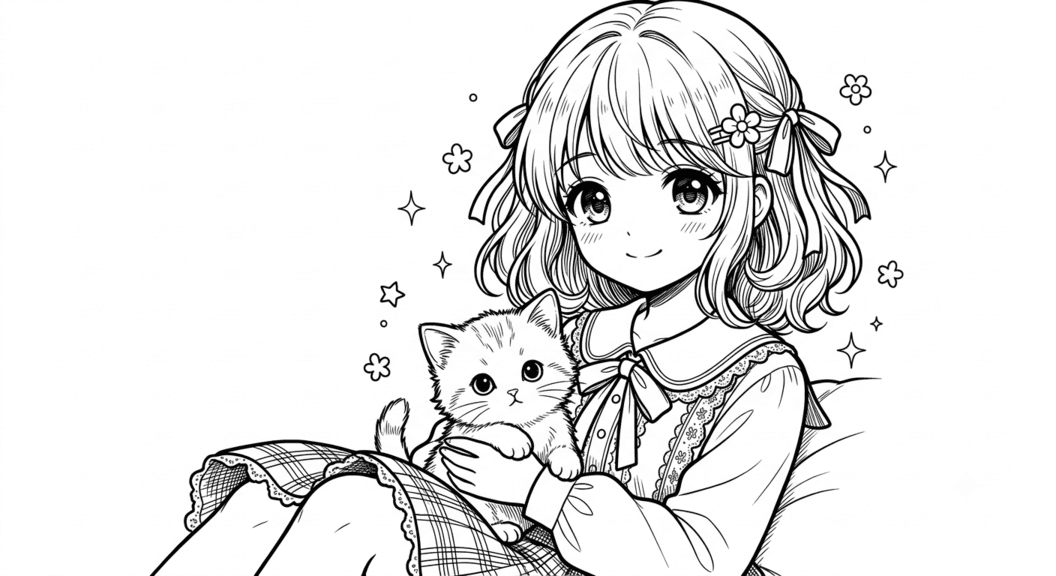 Kawaii Anime Mädchen mit Katzenbaby Ausmalbild
