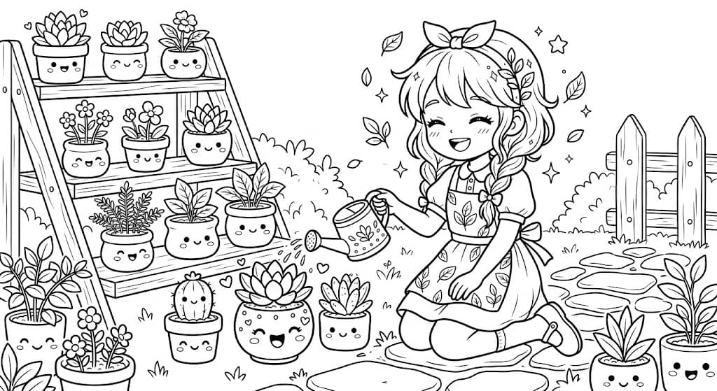 Kawaii Anime Mädchen mit Pflanzen Ausmalbild