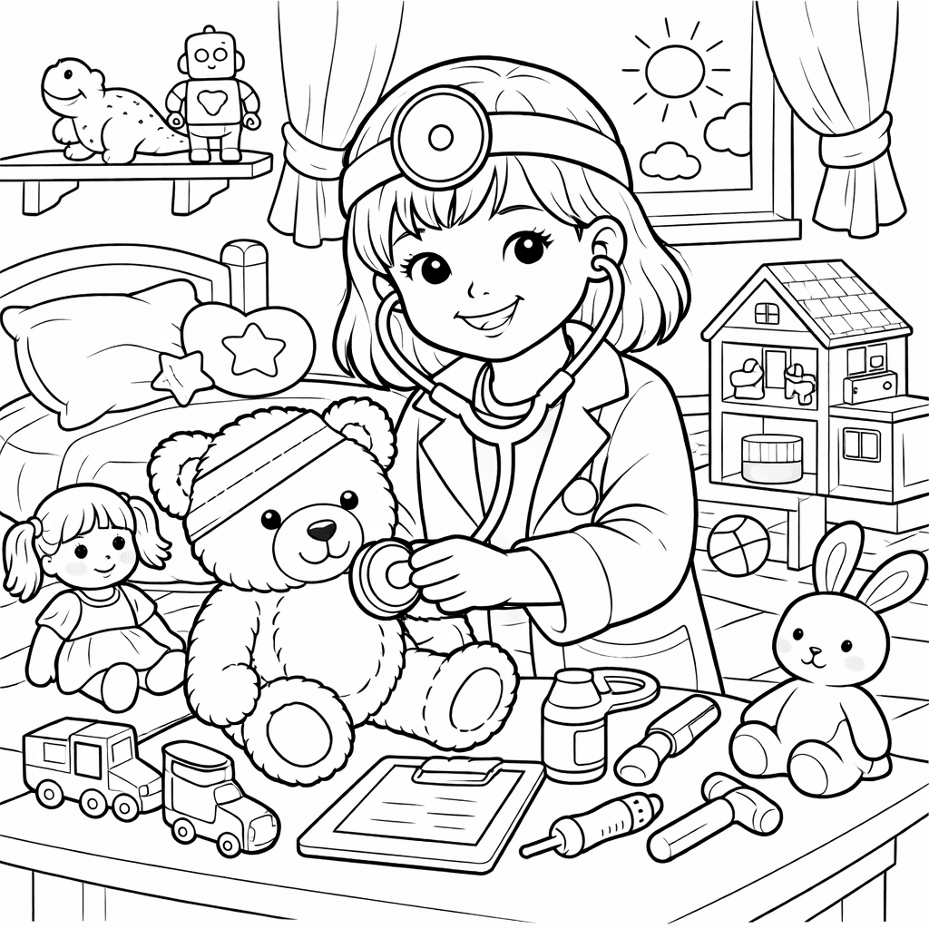 Ärztin behandelt Kuscheltiere Ausmalbild