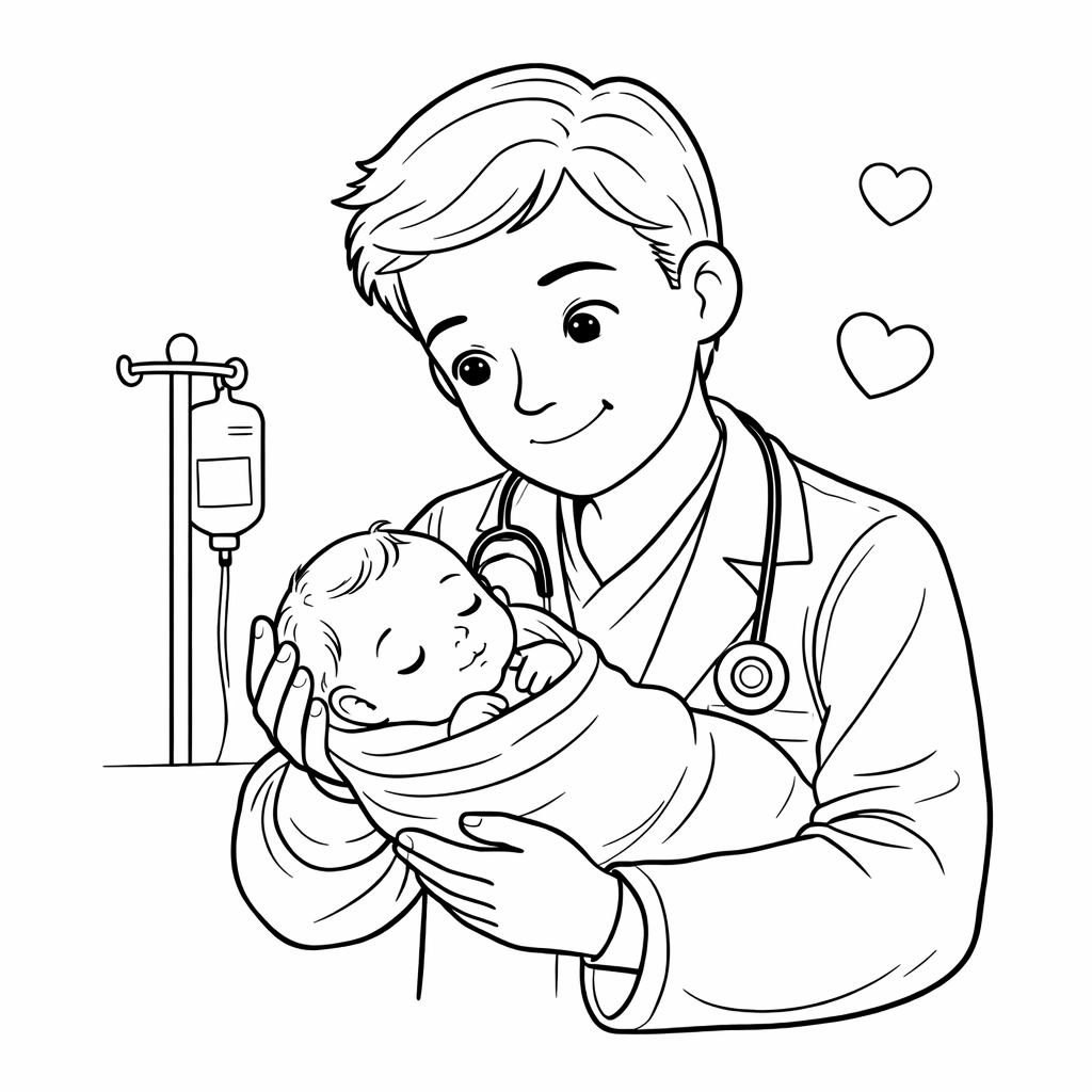 Arzt kümmert sich um Baby Ausmalbild