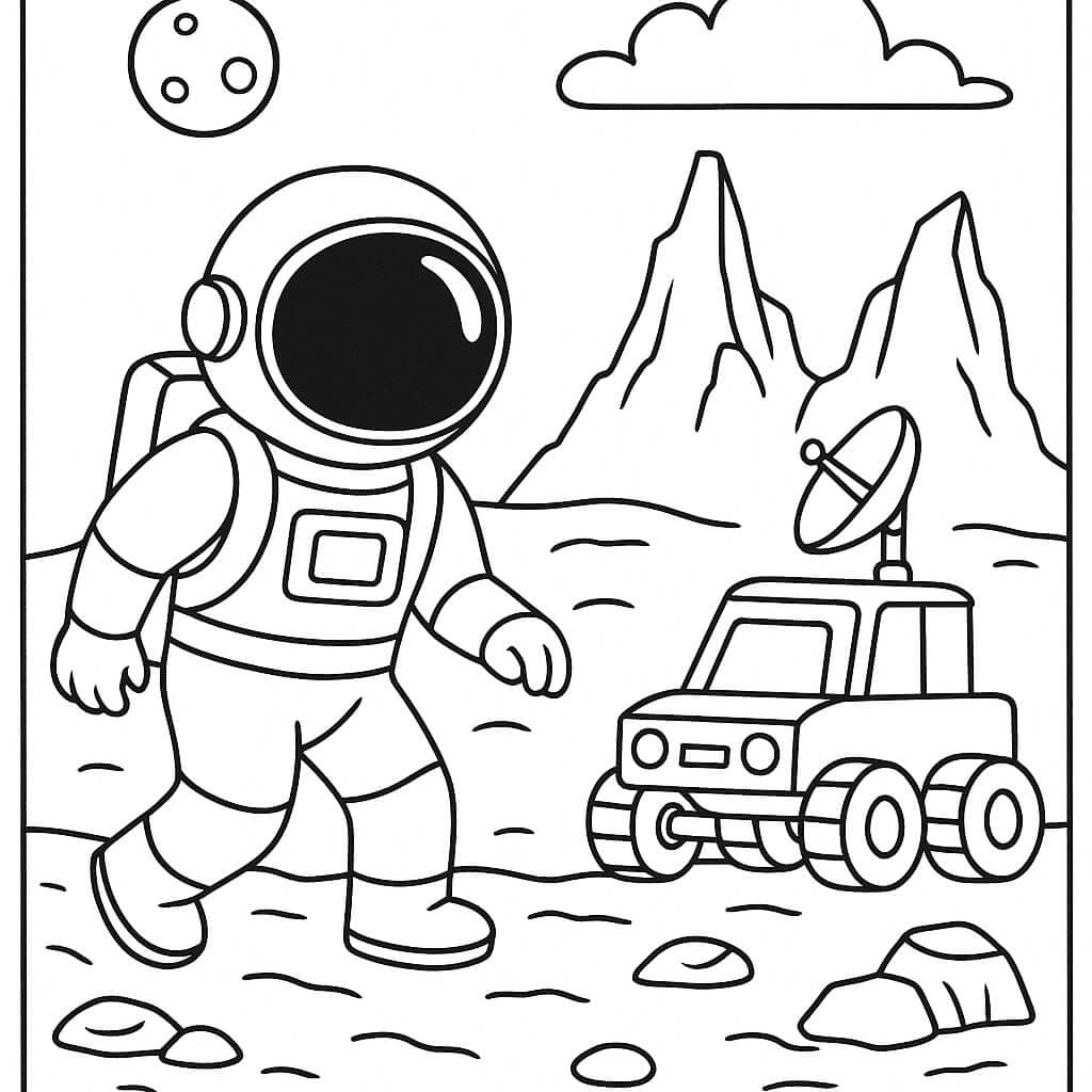 Astronaut auf dem Mars mit Rover Ausmalbild