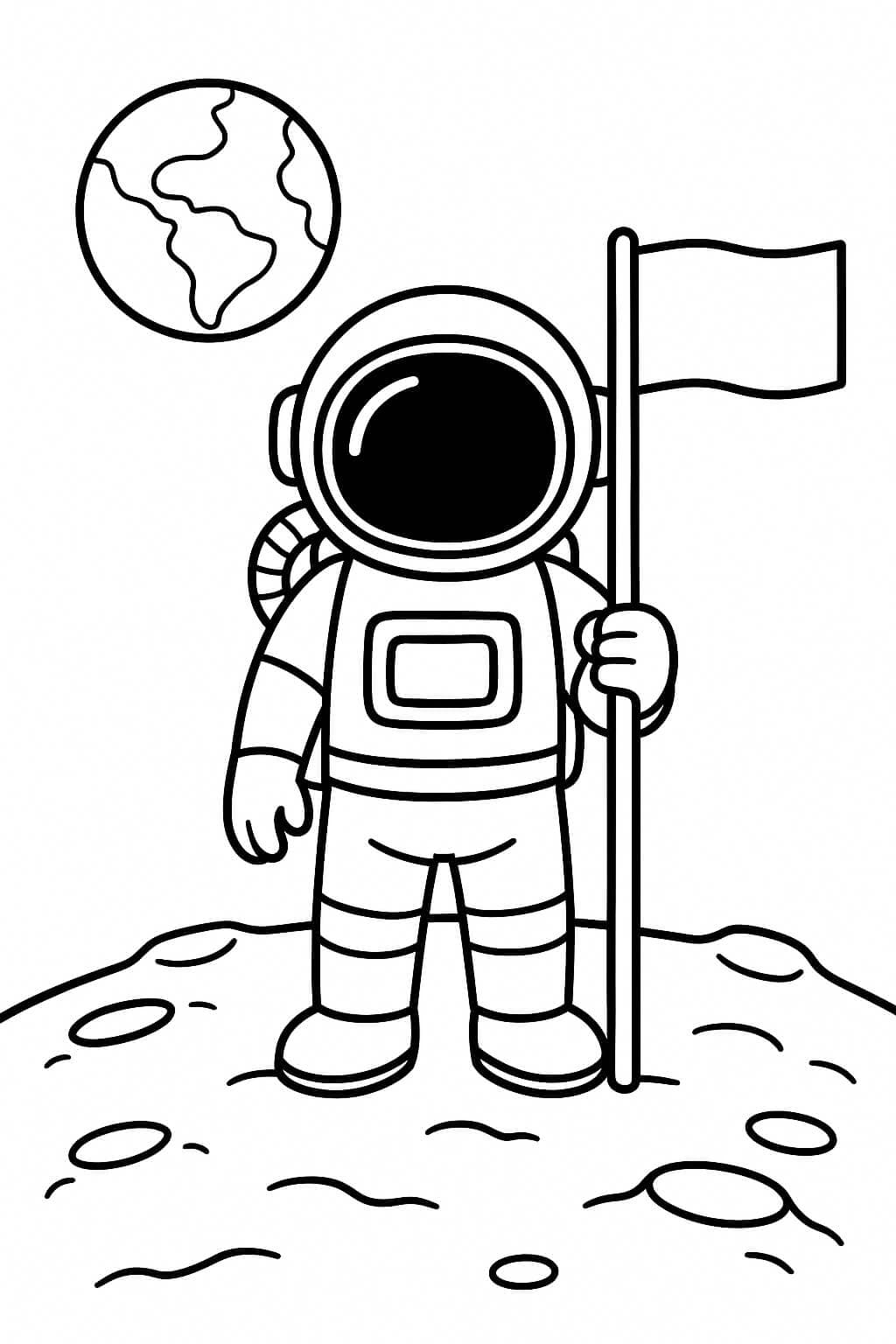 Astronaut auf dem Mond mit Flagge Ausmalbild