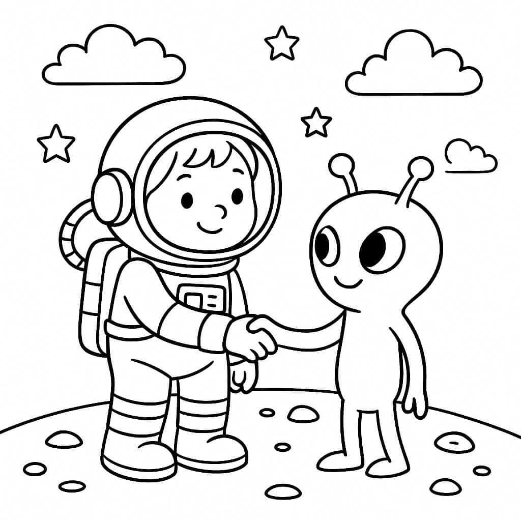 Astronaut und freundlicher Alien Ausmalbild
