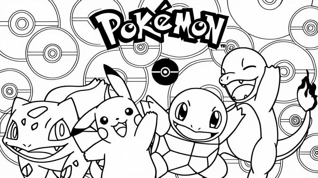 Bisasam, Glumanda, Pikachu und Schiggy zum Ausmalen