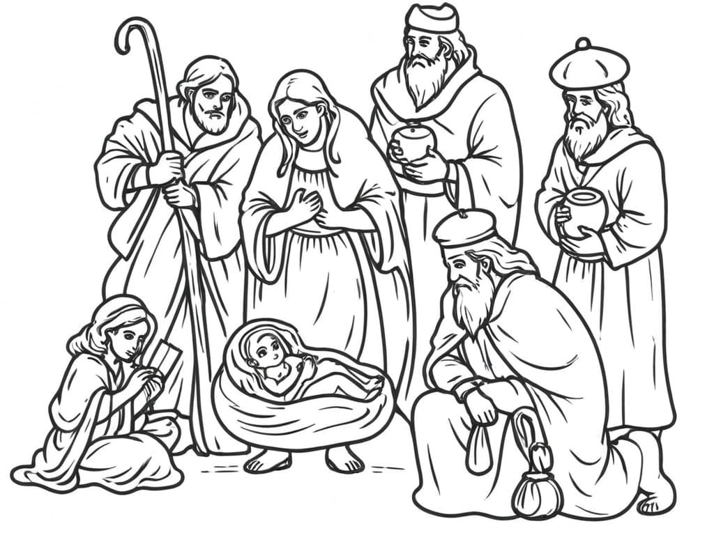 Geburt Jesu mit Heiligen Drei Königen Ausmalbild