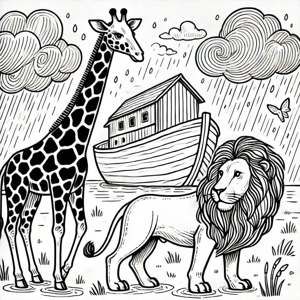 Giraffe und Löwe an Noahs Arche Ausmalbild