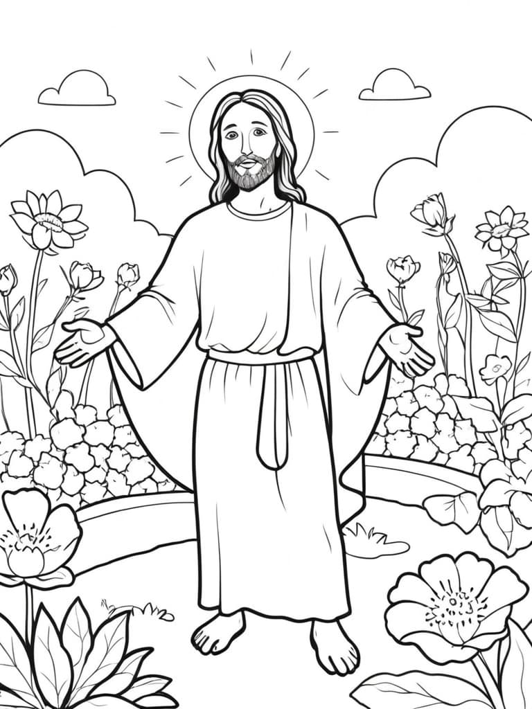 Jesus im Blumengarten Ausmalbild