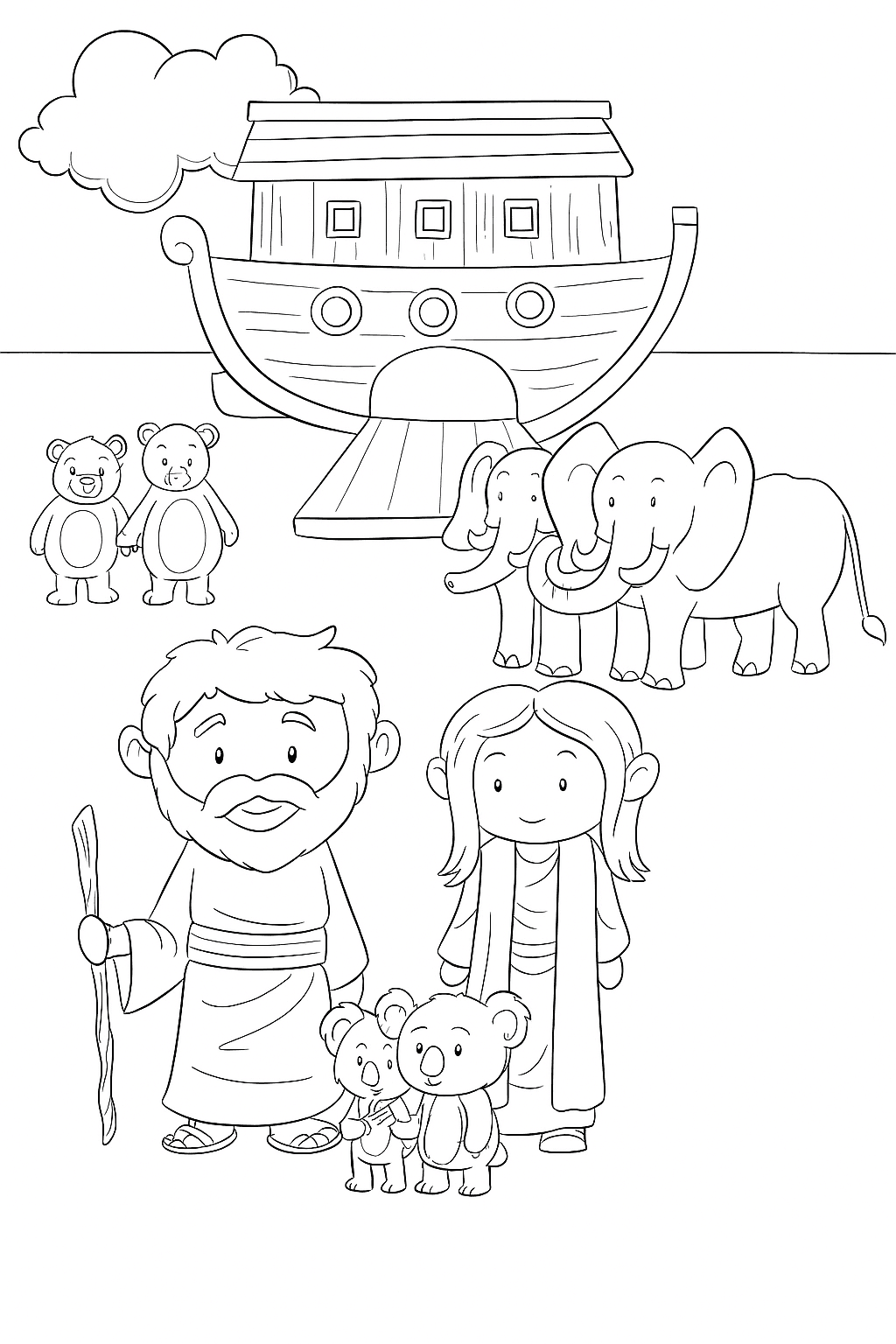 Noah und Tiere vor der Arche Ausmalbild