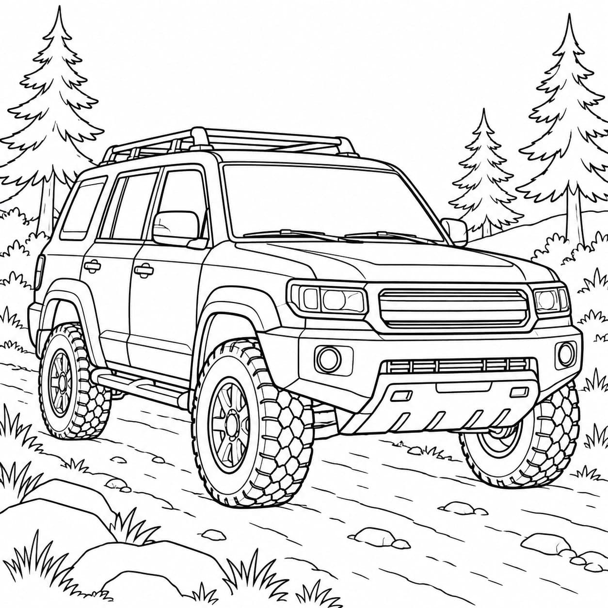 Geländewagen auf einem Waldweg zum Ausmalen