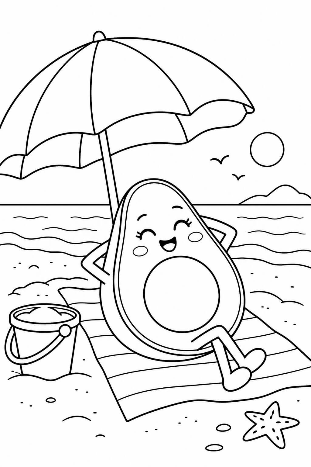 Avocado am Strand Ausmalbild – einfache Malvorlage für Kinder