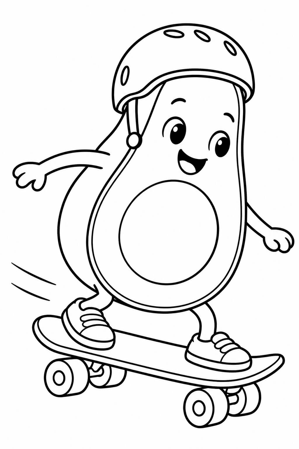 Avocado auf dem Skateboard Ausmalbild – einfache Malvorlage für Kinder
