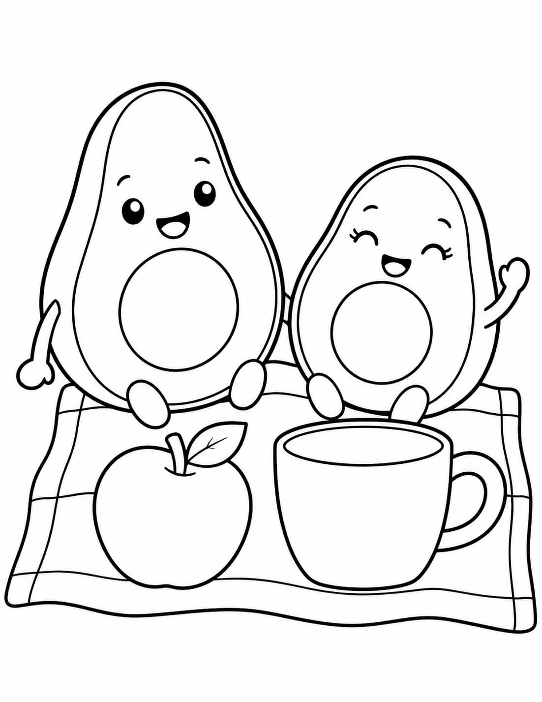 Avocados beim Picknick Ausmalbild – einfache Malvorlage für Kinder