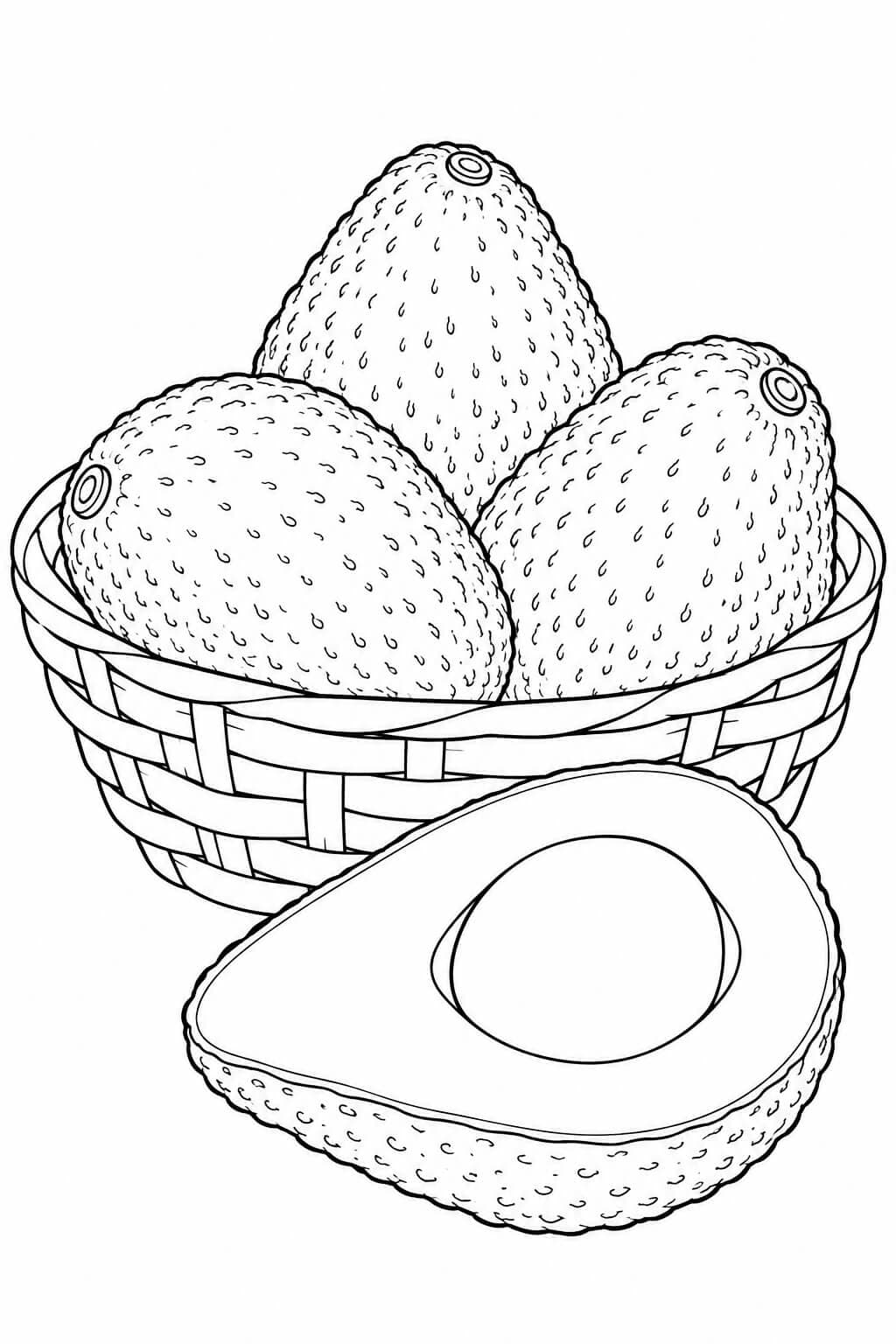 Realistische Hass-Avocados im Korb Ausmalbild – realistische Malvorlage in Schwarz-Weiß