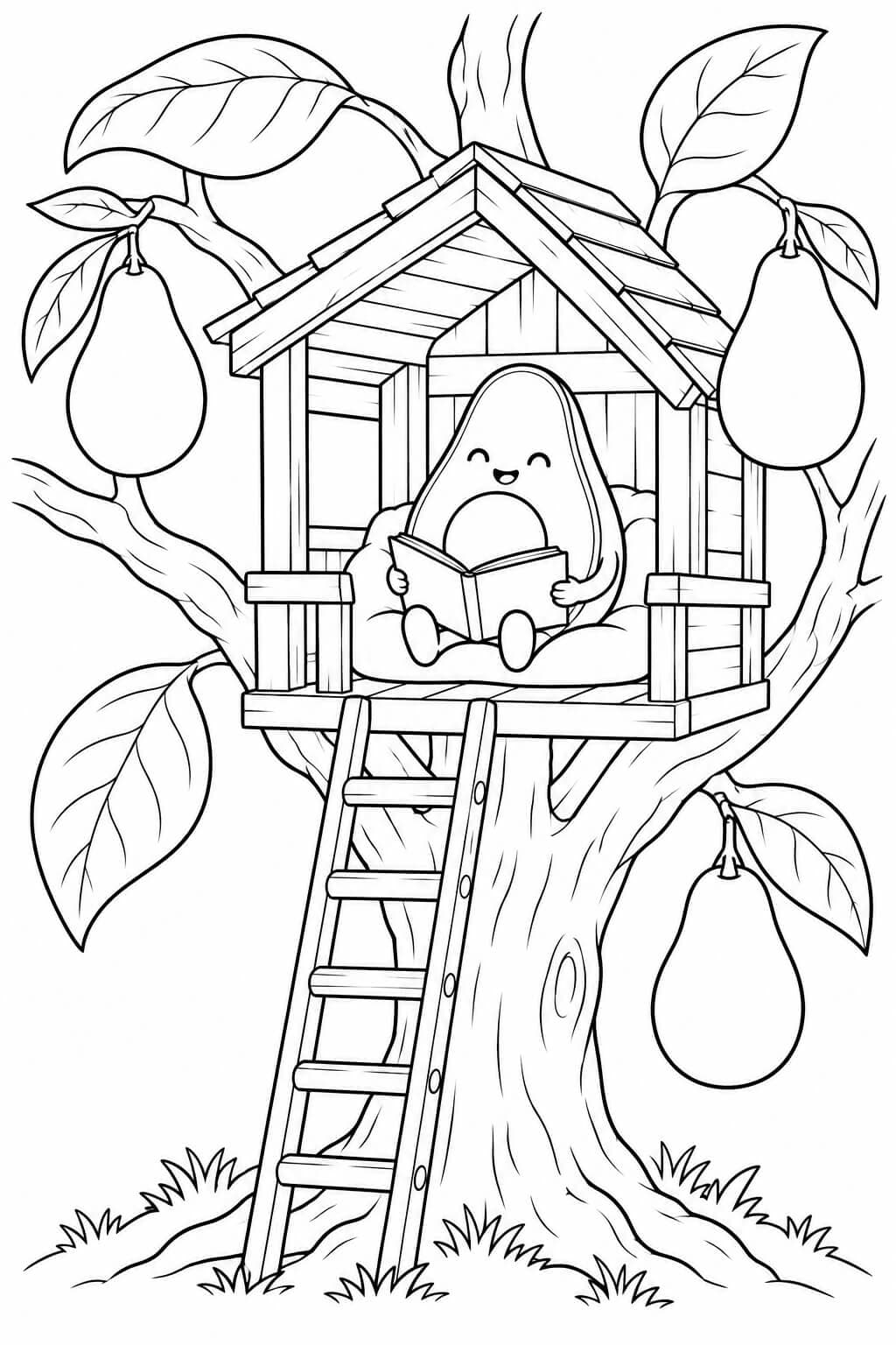 Avocado im Baumhaus Ausmalbild – Malvorlage mit etwas mehr Details